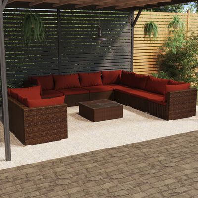 vidaXL 10 Piece Patio Lounge Set with Cushions Brown Poly Rattan