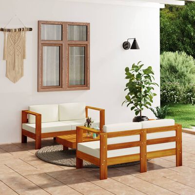 vidaXL 3 Piece Patio Lounge Set with Cream White Cushions Solid Wood