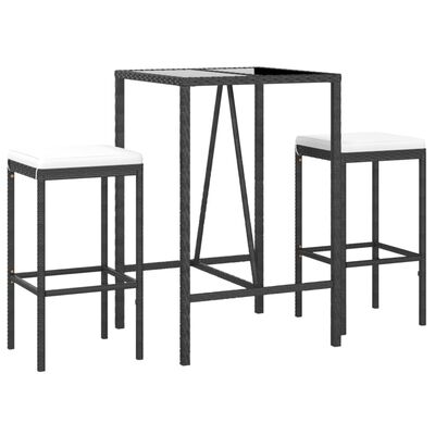 vidaXL 3 Piece Patio Bar Set with Cushions Black Poly Rattan