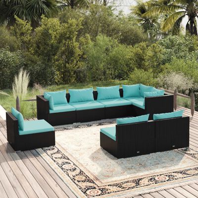 vidaXL 8 Piece Patio Lounge Set with Cushions Poly Rattan Black