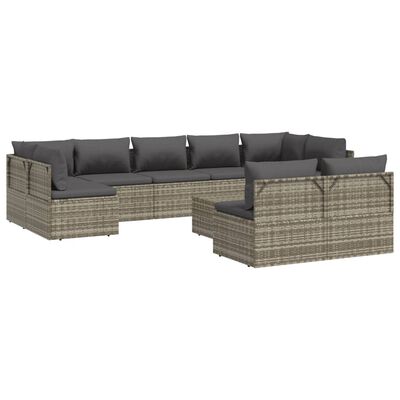 vidaXL 10 Piece Patio Lounge Set with Cushions Gray Poly Rattan