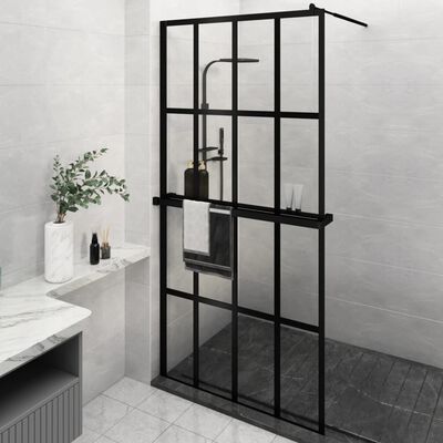 vidaXL Walk-in Shower Wall with Shelf Black 46.5"x74.8" ESG Glass&Aluminum