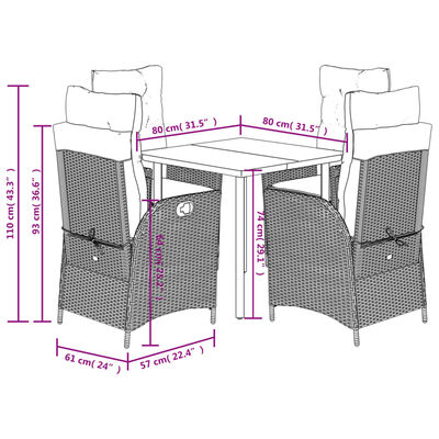 vidaXL 5 Piece Patio Dining Set with Cushions Gray Poly Rattan