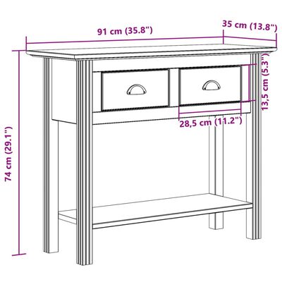 vidaXL Console Table BODO Brown 35.8"x13.8"x29.1" Solid Wood Pine