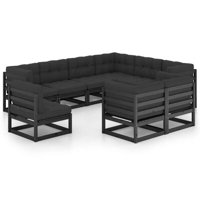 vidaXL 9 Piece Patio Lounge Set with Cushions Black Solid Pinewood