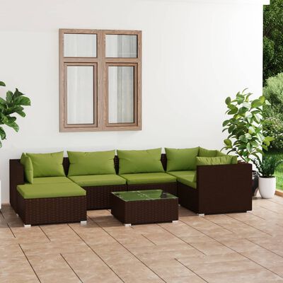 vidaXL 7 Piece Patio Lounge Set with Cushions Poly Rattan Brown