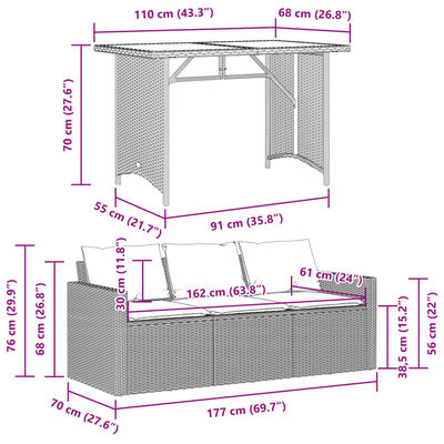 vidaXL 2 Piece Patio Dining Set with Cushions Gray Poly Rattan