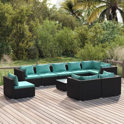 vidaXL 10 Piece Patio Lounge Set with Cushions Poly Rattan Black