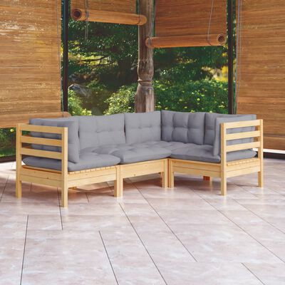 vidaXL 4 Piece Patio Lounge Set with Gray Cushions Pinewood