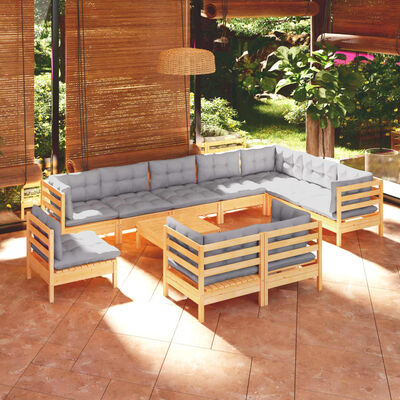 vidaXL 11 Piece Patio Lounge Set with Gray Cushions Solid Pinewood