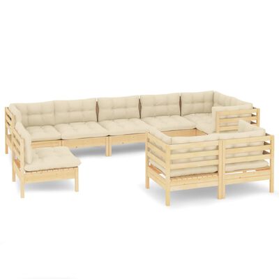 vidaXL 9 Piece Patio Lounge Set with Cream Cushions Solid Pinewood