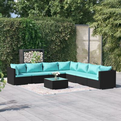 vidaXL 8 Piece Patio Lounge Set with Cushions Poly Rattan Black