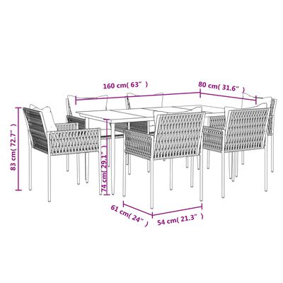 vidaXL 7 Piece Patio Dining Set with Cushions Poly Rattan and Steel