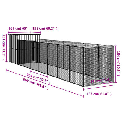 vidaXL Dog House with Run Light Gray 65"x339.8"x71.3" Galvanized Steel