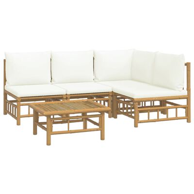 vidaXL 5 Piece Patio Lounge Set with Cream White Cushions Bamboo