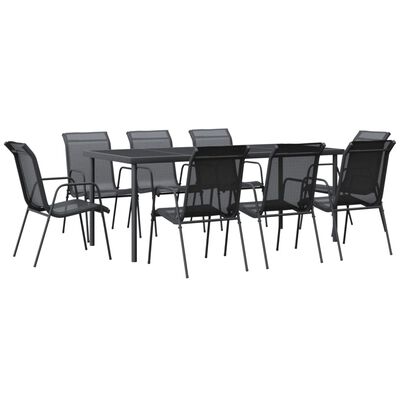 vidaXL 9 Piece Patio Dining Set Black Steel and Textilene