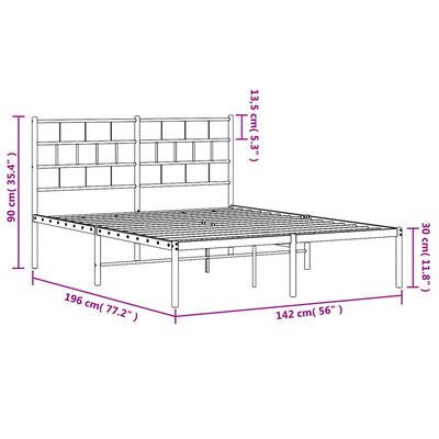 vidaXL Metal Bed Frame without Mattress with Headboard White 53.1"x74.8"