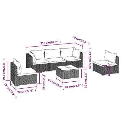 vidaXL 6 Piece Patio Lounge Set with Cushions Poly Rattan Brown