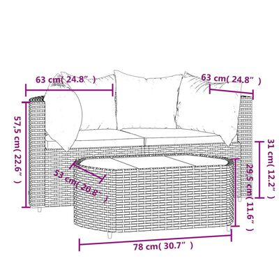 vidaXL 3 Piece Patio Lounge Set with Cushions Gray Poly Rattan