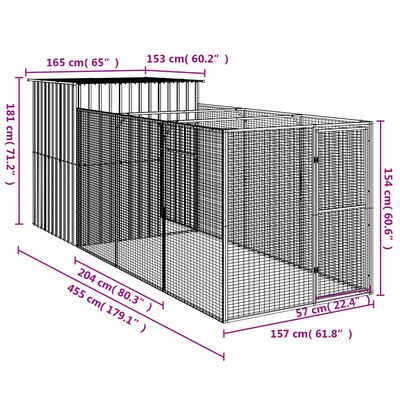 vidaXL Dog House with Run Light Gray 65"x179.1"x71.3" Galvanized Steel