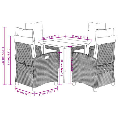 vidaXL 5 Piece Patio Dining Set with Cushions Brown Poly Rattan