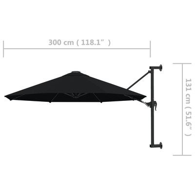 vidaXL Wall-Mounted Garden Parasol with Metal Pole 118.1" Black