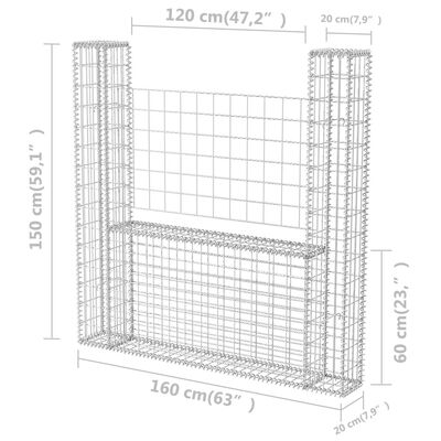 vidaXL Gabion Basket U-Shape Galvanized Steel 63"x7.9"x59.1"