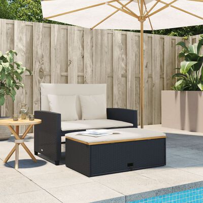 vidaXL Patio Sofa with Cushions 2-Seater Black Poly Rattan&Acacia Wood