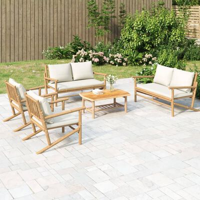 vidaXL 5 Piece Patio Lounge Set with Cream White Cushions Bamboo