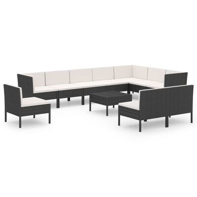 vidaXL 11 Piece Patio Lounge Set with Cushions Poly Rattan Black