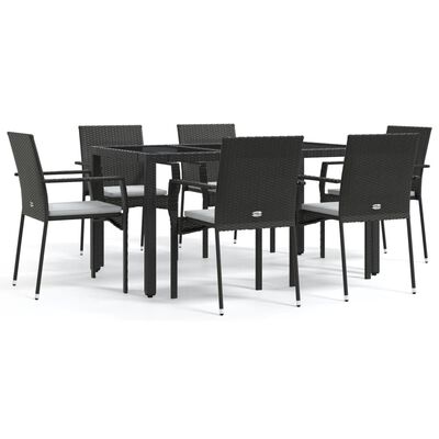 vidaXL 7 Piece Patio Dining Set with Cushions Black Poly Rattan