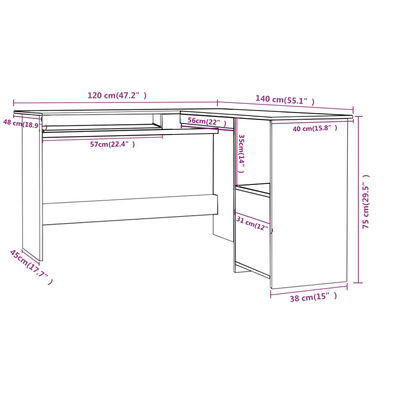 vidaXL L-Shaped Corner Desk White 47.2"x55.1"x29.5" Engineered Wood