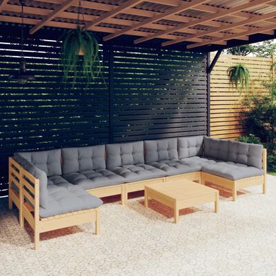 vidaXL 8 Piece Patio Lounge Set with Gray Cushions Solid Pinewood