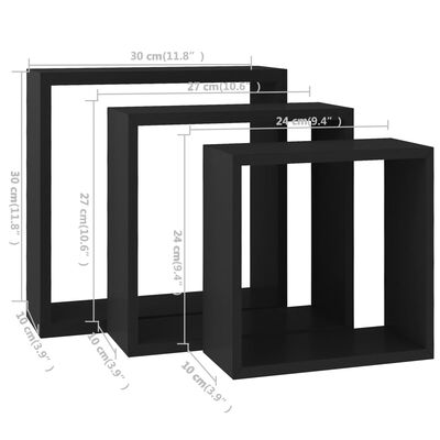 vidaXL Wall Cube Shelves 3 pcs Black MDF