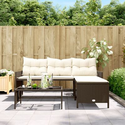 vidaXL Patio Sofa with Table and Cushions L-Shaped Brown Poly Rattan