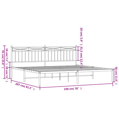 vidaXL Metal Bed Frame without Mattress with Headboard White 76"x79.9"