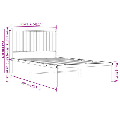 vidaXL Metal Bed Frame with Headboard White 39.4"x78.7"