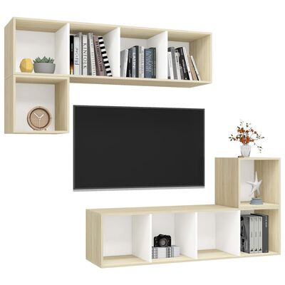 vidaXL 4 Piece TV Stand Set White and Sonoma Oak Engineered Wood