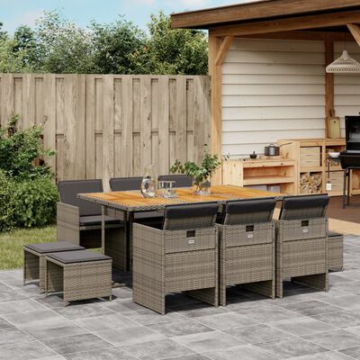 vidaXL 11 Piece Patio Dining Set with Cushions Gray Poly Rattan