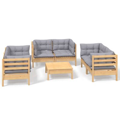 vidaXL 7 Piece Patio Lounge Set with Gray Cushions Solid Pinewood