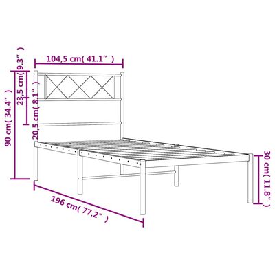 vidaXL Metal Bed Frame without Mattress with Headboard Black 39.4"x74.8"