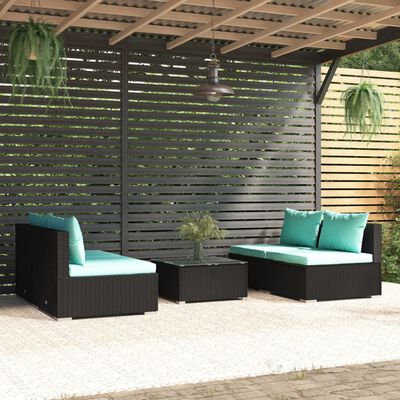 vidaXL 5 Piece Patio Lounge Set with Cushions Poly Rattan Black