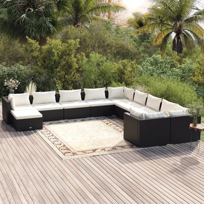 vidaXL 11 Piece Garden Lounge Set with Cushions Poly Rattan Black