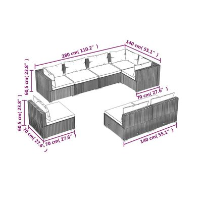 vidaXL 8 Piece Patio Lounge Set with Cushions Poly Rattan Brown