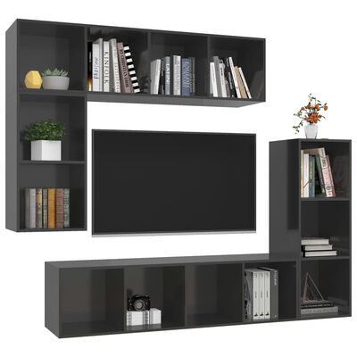 vidaXL 4 Piece TV Stand Set High Gloss Gray Engineered Wood