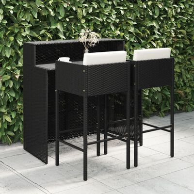 vidaXL 3 Piece Patio Bar Set with Cushions Poly Rattan Black