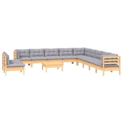 vidaXL 12 Piece Patio Lounge Set with Gray Cushions Solid Pinewood