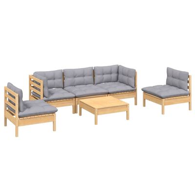 vidaXL 6 Piece Patio Lounge Set with Gray Cushions Solid Pinewood