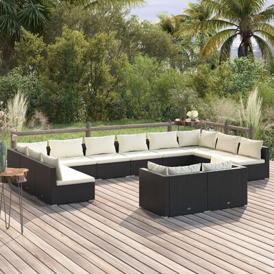 vidaXL 12 Piece Patio Lounge Set with Cushions Black Poly Rattan