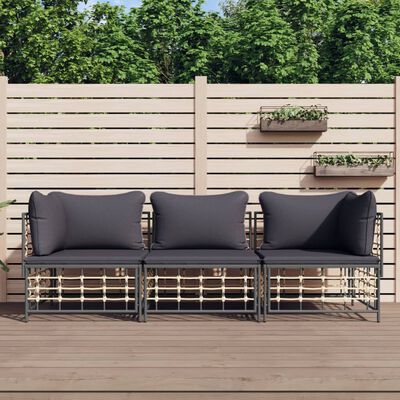 vidaXL 3 Piece Patio Lounge Set with Cushions Anthracite Poly Rattan